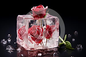 Vibrant Red rose ice cube. Generate Ai