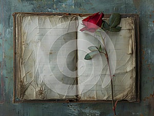 vibrant red rose resting on the aged, empty pages of an open book, evoking themes of romance and nostalgia. Generative Ai