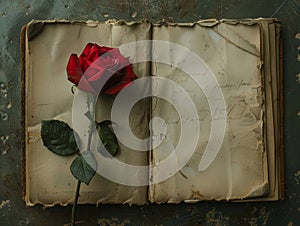 vibrant red rose resting on the aged, empty pages of an open book, evoking themes of romance and nostalgia. Generative Ai