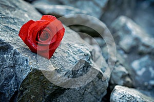 Vibrant red rose on rocky surface with flowing water