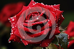 Vibrant Red rose water droplets. Generate Ai