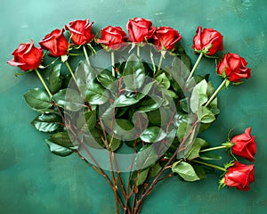 Vibrant Red Roses Bouquet with Fresh Green Leaves on a Textured Turquoise Background Floral Beauty Concept for Romantic Occasions