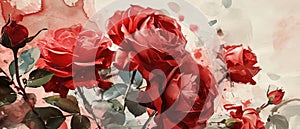 Vibrant Red Roses On A Soft Blush Watercolor Canvas