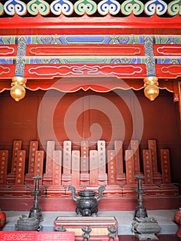 Vibrant red shrine at the Confucius temple in Tianjin