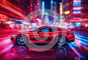 Vibrant Red sport Car in colorful Neon lit Cityscape Backdrop