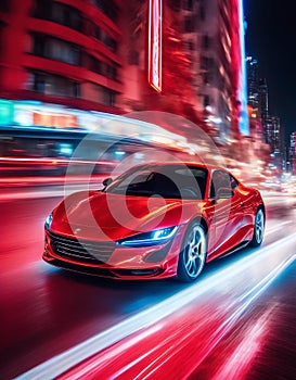 Vibrant Red sport Car in colorful Neon lit Cityscape Backdrop