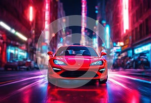 Vibrant Red sport Car in colorful Neon lit Cityscape Backdrop