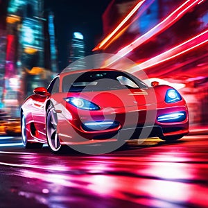 Vibrant Red sport Car in colorful Neon lit Cityscape Backdrop