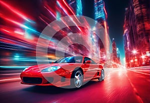 Vibrant Red sport Car in colorful Neon lit Cityscape Backdrop