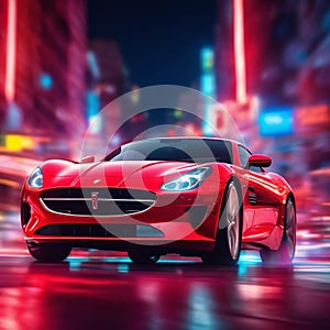 Vibrant Red sport Car in colorful Neon lit Cityscape Backdrop