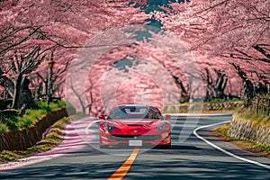 A vibrant red sports car speeds down a road lined with lush trees, creating a captivating scene, A sports car cruising on a road