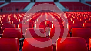 Vibrant Red Stadium Seats in Empty Arena. Generative ai