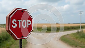 Vibrant red STOP sign at rural intersection with dirt road
