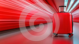 Red suitcase in motion blur tunnel, symbolizing travel and speed, AI photo