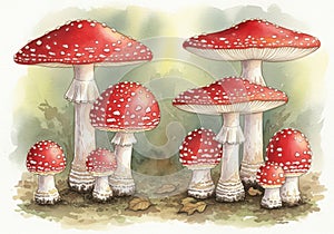 Vibrant red toadstools in forest