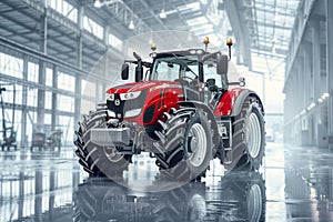 Vibrant red tractor contrasted against white warehouse in professional photoshoot setting photo