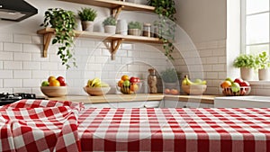 Empty Red Gingham Tablecloth in Modern Kitchen with Fresh Fruit Background