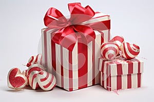A vibrant red and white striped gift box adorned with a red bow, perfect for gifting on any occasion, Classic red and white