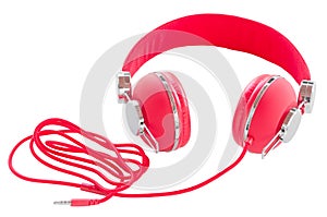 Vibrant red wired headphones isolated