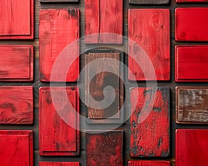 Vibrant red wooden panels background with varying textures and rectilinear arrangement for artistic and interior design