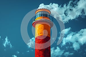 Vibrant Red and Yellow Lighthouse Against Vivid Blue Sky Generative AI