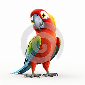 Vibrant Red And Yellow Parrot On White Background - Pixar Style 8k Uhd