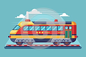 A vibrant red and yellow train speeds along the train tracks on a bright sunny day, Train Customizable Flat Illustration