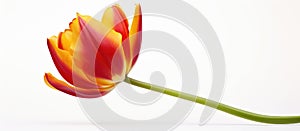 Vibrant red and yellow tulip with green stem on white background
