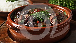 Vibrant reds and greens burst from a bowl of Brazilian Feijoada a hearty and flavorful stew of tender pork and black photo