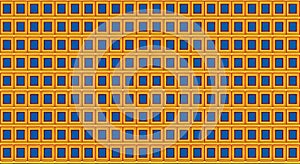 Abstract Geometric Pattern of Blue Squares on Orange and Yellow Grid