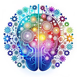 A vibrant representation of a divided brain, interconnected by gears and glowing circuits, symbolizing cognitive function and