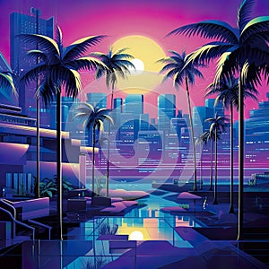 Vibrant retro 80\'s neon background essence of a bygone era, complete with palm trees and a mesmerizing sunset.