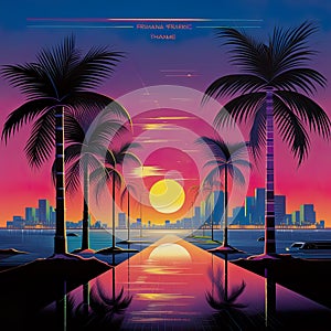 Vibrant retro 80\'s neon background essence of a bygone era, complete with palm trees and a mesmerizing sunset.