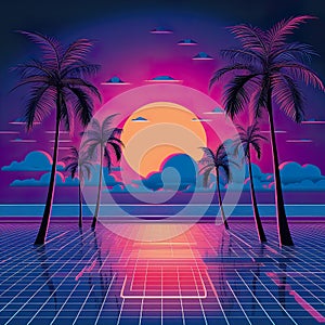 Vibrant retro 80\'s neon background essence of a bygone era, complete with palm trees and a mesmerizing sunset.