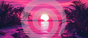 Vibrant Retro Art A Sunset Beachscape, Immersed In S Synthwave Vibes