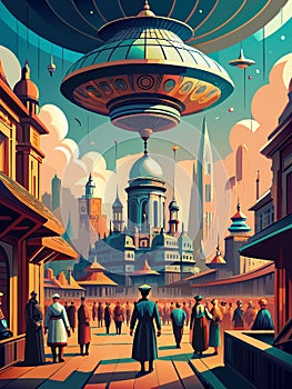 Vibrant Retro-Futuristic Cityscape with Hovering UFOs and Bustling Crowd photo