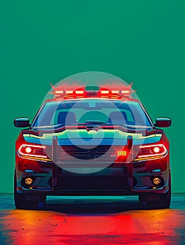 Vibrant Retro Futuristic Police Car with Neon Lights on a Green Background Law Enforcement Concept Art