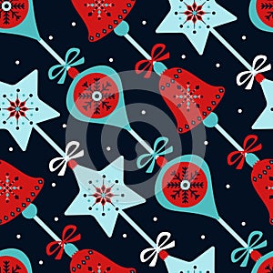 Vibrant retro holiday season diagonal seamless pattern with christmas bells, stars, baubles and ribbons