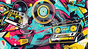 Vibrant retro music illustration with turntables and computer