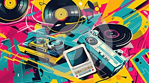 Vibrant retro music illustration with turntables and computer