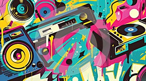 Vibrant retro music illustration with turntables and computer