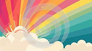 Vibrant Retro Rainbow Sunburst with Clouds