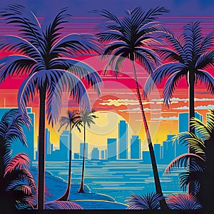 Vibrant retro 80's neon background essence of a bygone era, complete with palm trees and a mesmerizing sunset.