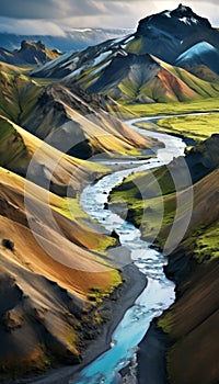Vibrant rhyolite mountains and winding river in Iceland. Landmannalaugar Multicolored Rhyolite Peaks photo