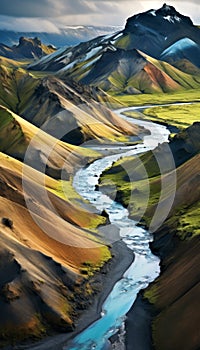 Vibrant rhyolite mountains and winding river in Iceland. Landmannalaugar Multicolored Rhyolite Peaks