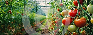 Vibrant ripe red tomatoes growing in a lush greenhouse garden. Gardening and agriculture in springtime. Panorama with