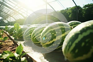 Vibrant ripe watermelons thriving in a sun-drenched greenhouse with lush green foliage