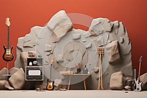 Vibrant Rock day electric guitar stone background. Generate Ai