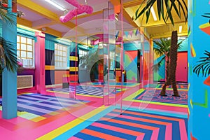 A vibrant room featuring a palm tree, with colorful walls and furnishings, A colourful gym specialising in high energy aerobics,