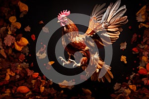 Vibrant Rooster jumping in autumn leaves. Generate ai